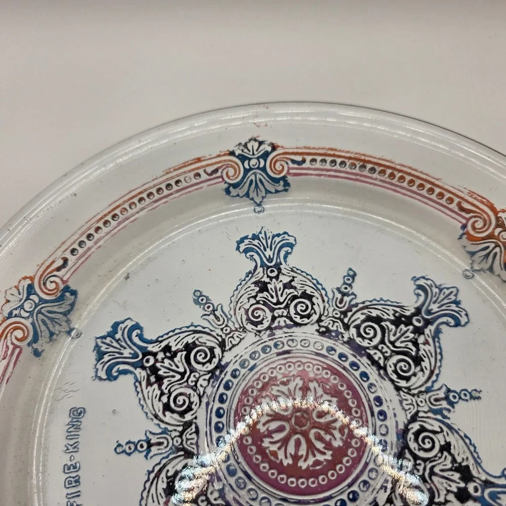 Vintage Fire-King Clear Glass Medallion Plate‎ Blue Red Scroll Pattern 9 inch